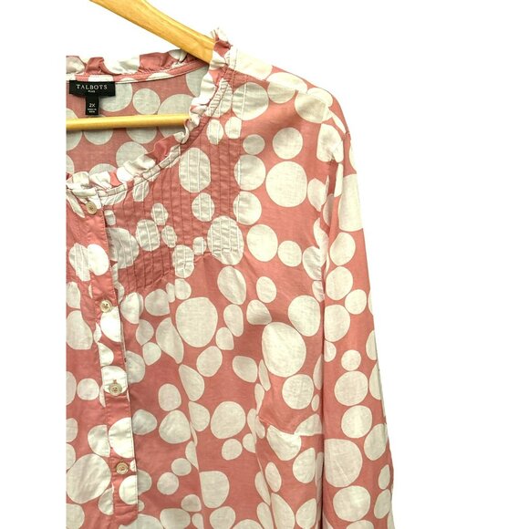 Talbots Womens Plus 2X Pink Polka Dot 100% Cotton Blouse Ruffle Neckline Button - Picture 2 of 5